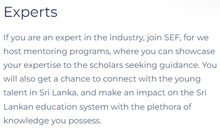 Screenshot of the SEF website Experts section