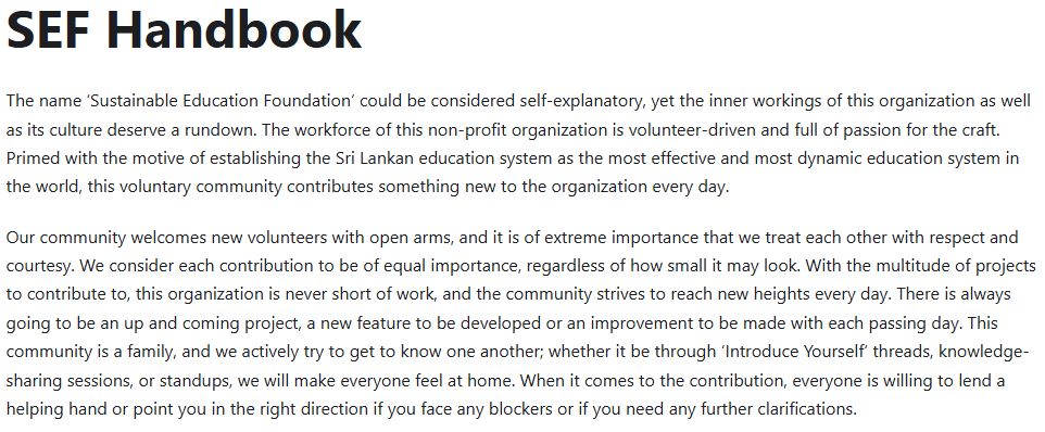 Screenshot of the SEF Handbook Introduction page