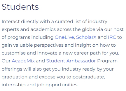 Screenshot of the SEF website Students section